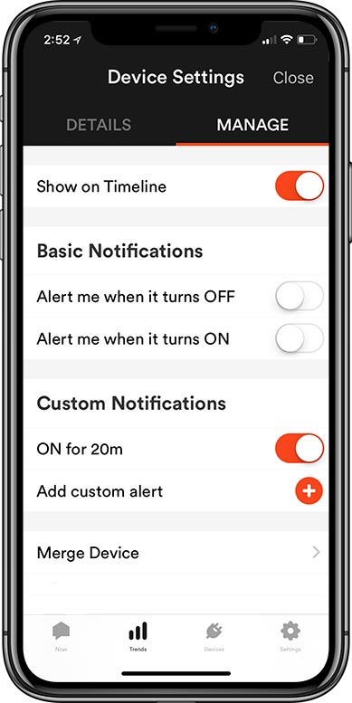 Screenshot of Sense App Device Settings Screen